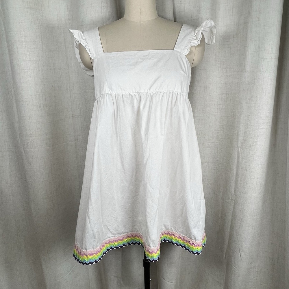 Storia Rainbow Ric Rac Ruffle Pouf Babydoll Dress White Summer Size Large Cotton